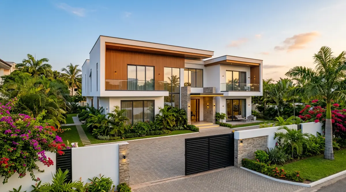 A modern gated home in Accra at golden hour